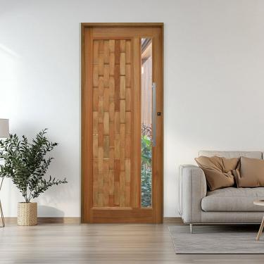 Imagem de Porta Couro em Pé com Visor Batente 14 Puxador Barra Chata 60 CM 102 X 210 Esquerdo Rodam