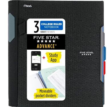 Imagem de Five Star Caderno espiral avançado + aplicativo de estudo, 3 matérias, papel pautado universitário, 28 x 21 cm, 150 folhas, com protetor espiral e divisórias móveis, preto, 1 unidade (73132)
