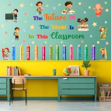 Imagem de XUOIAYNB Adesivos de parede The Future of The World is in This Classroom, decalques de parede de vinil com citação motivacional de giz de cera aquarela, arte de parede removível para estudantes de