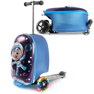 Imagem de KIDDIETOTES Scooter 3D Hardshell Ride On Suitcase para crianças - Bagagem de mão infantil leve e fofa com rodas iluminadas por LED - Design atualizado da roda 2022, Azul, Spaceboy, Space Boy