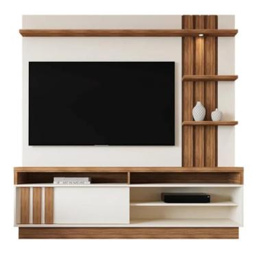 Imagem de Estante Home Mariana para TV até 55", 180cm, Madeira e Branco, com Nichos Decorativos (OFF WHITE/AMENDOA)