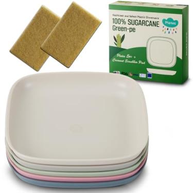 Imagem de Pratos infantis cana-de-açúcar (20 cm) + almofada de coco 2 peças - pratos orgânicos para crianças pequenas e grandes - Certificado USDA - seguro para micro-ondas e lava-louças - livre de BPA,