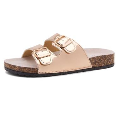 Imagem de Herstyle Softey Sandália feminina rasteira de cortiça com bico aberto, 2 tiras com fivela ajustável, preta, dourada, prata, para férias de verão, Rosa Gld, 37