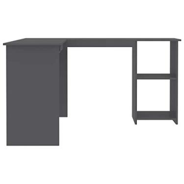 Imagem de Mesa de canto em forma de L, mesa de policarbonato cinza, 120 x 140 x 75 cm para escritório doméstico com bandeja de teclado removível, 2 prateleiras abertas, madeira projetada, montagem fácil com um