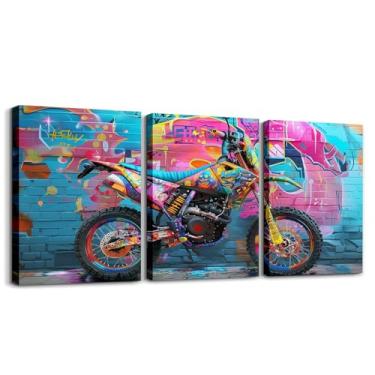 Imagem de Feelyou 3 peças de pintura de parede de bicicleta suja grafite infantil motocicleta arte de parede para sala de estar quarto meninos meninas motocross pôsteres imagens banheiro decoração de parede
