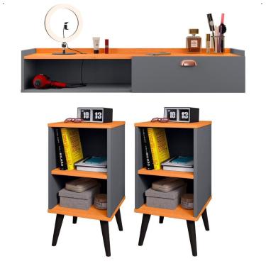 Imagem de Kit 2 Mesinhas Cabeceira Charme Mesa Lateral Cama Penteadeira Suspensa Decor Puxador Concha Nicho Organizador Cinza/Cinamomo - Lojas RPM