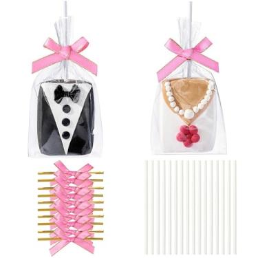 Imagem de RomanticBaking 50 conjuntos de sacos transparentes de arroz Krispie com laço de fita rosa e palito e sacos lisos de celofane transparentes para petiscos de arroz Krispie Saco de presente (rosa)