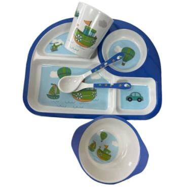 Imagem de Jogo Completo Kit de Refeição Infantil Cor Azul com 5 Peças, Prato com Divisórias, Prato Fundo, Copo 200ml, Talheres, Azul Menino Ideal para Introdução Alimentar