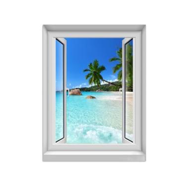 Imagem de Quadro de Parede Janela Falsa-Paisagens Impressões em Tela-Ocean Praia Árvore-Natureza Pinturas Decoração 60x80cm-23x31in Sem Moldura