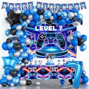 Imagem de Costova Decorações De 7º Aniversário Videogame, Para Meninos, Cenário Com Tema Jogador, Balões Azuis, Nível 7, Banner, Toalha Mesa, Topo Bolo Suprimentos Festa 7 Anos