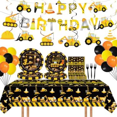 Imagem de Letromp 92 Peças De Suprimentos Para Festa Aniversário 3 Anos, Tema Caminhão Basculante, Três Utensílios Mesa, Incluindo Redemoinho Pendurado, Balões, Pratos, Toalha Mesa Meninos, Decorações 18 Anos