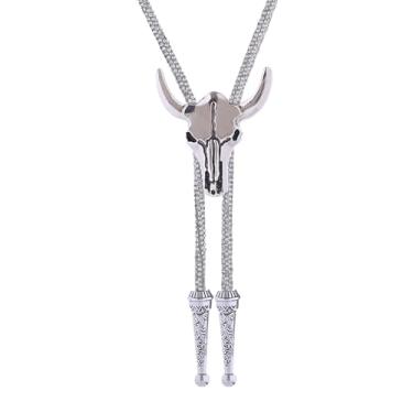Imagem de GelConnie Gravata bolo ocidental para homens e mulheres gravata bolo com strass inspirado em turnê para casamentos e shows, Cabeça de vaca prateada e corda branca, Adjustable