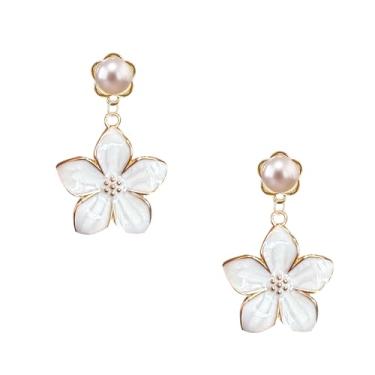 Imagem de QIAOLEHUI Brincos de flor de pérola para mulheres, brincos florais de liga metálica com brincos banhados a ouro de pérola sintética hipoalergênicos para mãe e noiva, Large, Liga de aço, Sem pedra