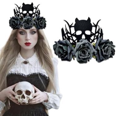 Imagem de Ncozwo Tiara de coroa de rosas de Halloween gótica floral caveira fantasma noiva rainha flores dia dos mortos acessório de cabelo, Preto, P
