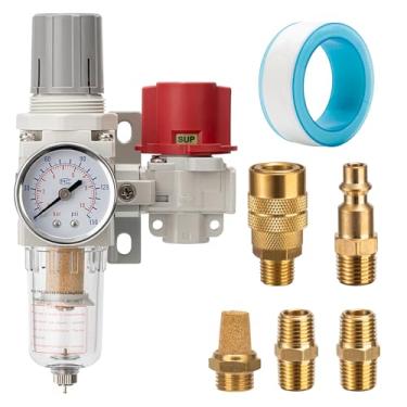 Imagem de LNCHKA Conjunto de regulador de filtro de compressor de ar pneumático NPT 0-150 PSI, válvula de 3 portas de alívio de pressão, drenagem semiautomática, elemento de latão de 5 mícrons