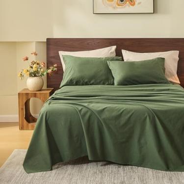 Imagem de MEISHANG Lençóis 100% Linho Queen Size – Conjunto de lençóis respiráveis de 4 peças, linho durável ultramacio, naturalmente refrescante e absorvente de umidade com bolso profundo de 41 cm (verde