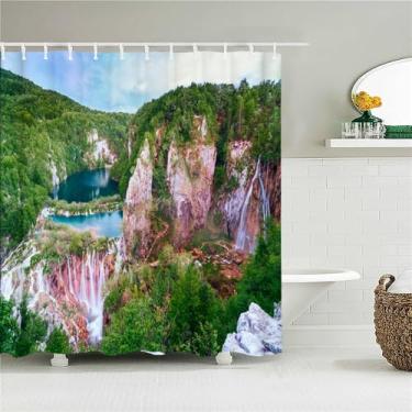Imagem de Cortina de chuveiro de tecido de paisagem natural Montanhas Floresta Cortinas de banho para decoração de banheiro com 12 ganchos, JK5976, L90 x A180 cm