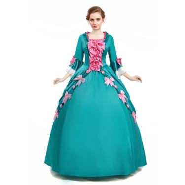 Imagem de daizbella Vestido medieval Pompadour verde cetim rococó vestido vintage com decorações de laço rosa