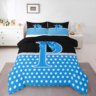 Imagem de jejeloiu Conjunto de edredom com laço para todas as estações, personalizado, letra P, com 1 fronha, estilo princesa romântica, solteiro, monograma, decoração de quarto, iniciais, P, edredom respirável