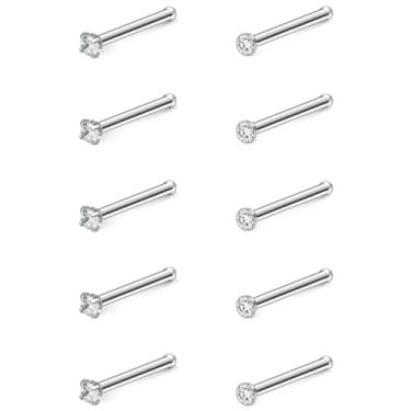 Imagem de Hoeudjo Kit de anéis de nariz de zircônia cúbica de aço cirúrgico para mulheres e homens minúsculos parafusos de nariz e osso e joias de piercing de narina em forma de L calibre 22-18 10 peças, 18g