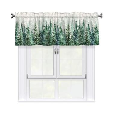 Imagem de Cortina de cozinha de floresta de inverno 137 x 45 cm, cortina curta de pinheiro verde enevoado para janela, aquarela, neve, natureza, tratamento de janela, sanefas, bolso para varão, decoração de