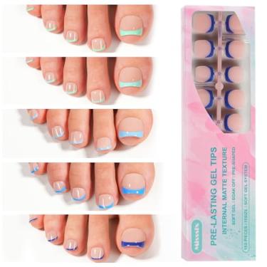 Imagem de Misssix Unhas curtas de pressão nos dedos, 150 peças de pontas de unha francesas azuis, extensões de ponta de unha de gel macio quadrado falso para mulheres, arte de unhas, faça você mesmo, 15
