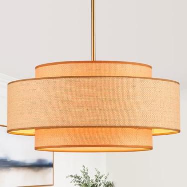 Imagem de YOMECOO Farmhouse Lustre de tambor grande de 50 cm com 4 luzes vintage Boho Rattan Lustres retrô vintage de bambu para sala de jantar, ilha de cozinha, sala de estar, quarto