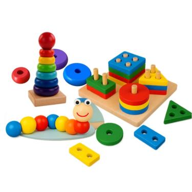 Imagem de Brinquedo Educativo Montessori de Madeira Didático Sensorial Formas e Cores Empilháveis para Bebê