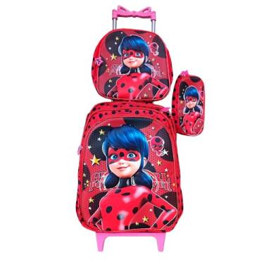 Imagem de Kit Mochila Infantil Feminina Lady Bug com Carrinho Rosa + Lancheira Térmica + Estojo Escolar Infantil em Alto Relevo