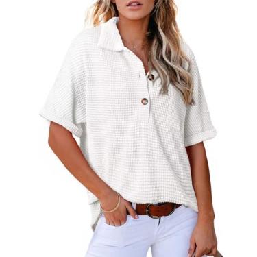 Imagem de Blusa feminina elegante vintage Henley Waffle branca XXL - Astylish