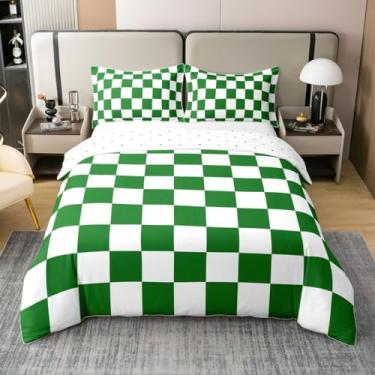 Imagem de Jogo de cama retrô xadrez para adolescentes, mulheres, homens, verde, branco, xadrez, 100% algodão, capa de edredom tamanho casal para crianças, meninos, meninas, geométrico, vintage, moderno, simples