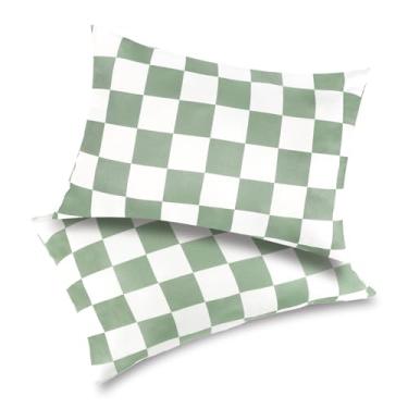 Imagem de TANOFAR Pacote com 2 fronhas infantis para travesseiro de 33 x 45 cm, fronha macia e elástica com fecho de envelope, travesseiro pequeno para meninos e meninas de 2 a 5 anos, verde xadrez