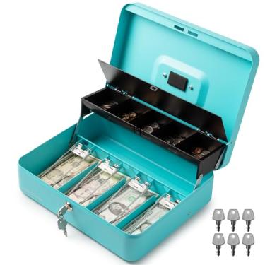 Imagem de Volcora Caixa de dinheiro grande com trava de chave, caixa de dinheiro de metal para dinheiro, cofre portátil com bandeja de dinheiro, organizador durável para economia de dinheiro para venda de