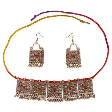 Imagem de Touchstone Conjunto de colar indiano Bollywood tribal boho cigano oxidado lindo motivo cortado à mão em tom de prata oxidado para mulheres.