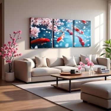 Imagem de Conjunto de 3 arte de parede em tela de carpa, arte de parede emoldurada Koi Fish, decorações de parede em flor de cerejeira, impressões em tela estilo japonês, arte para paredes japonesas florais