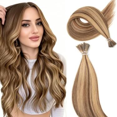 Imagem de Boymia Extensões de cabelo humano I Tip 45,7 cm #4-27 destaques castanho médio confortável desgaste invisível e natural Cold Fusion I Tip Extensões de cabelo humano longo liso 50 fios