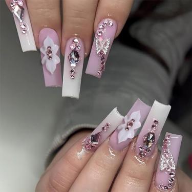 Imagem de RTKHFZE Pregos quadrados compridos, pregos de pressão, unhas postiças, gradiente francês, com desenhos de borboleta de metal e strass, unhas postiças de acrílico para mulheres e meninas, 24 peças