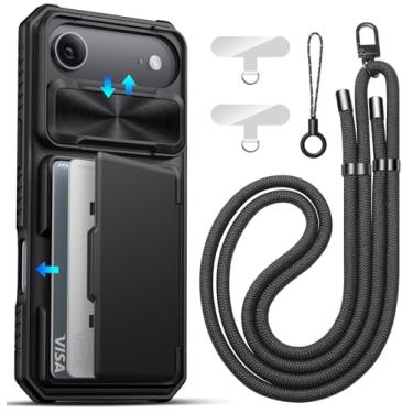 Imagem de ATATOO Capa carteira para iPhone 17 Air com cordão, alça de telefone transversal para mulheres e homens, porta-cartões e capa de câmera deslizante, proteção contra quedas, capa protetora robusta para