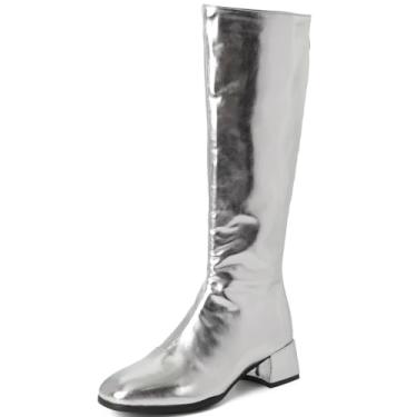 Imagem de Gogo Botas femininas cano alto salto baixo grosso bico quadrado alto outono inverno sapatos longos com zíper, Prata, 41