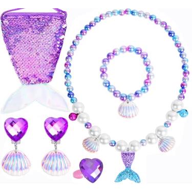 Imagem de MTGOCHA Conjunto de joias de sereia, para meninas, brincar, moedas, colar, pulseira, anel, acessórios de vestir, presentes de sereia, Plástico, Sem Pedra Preciosa