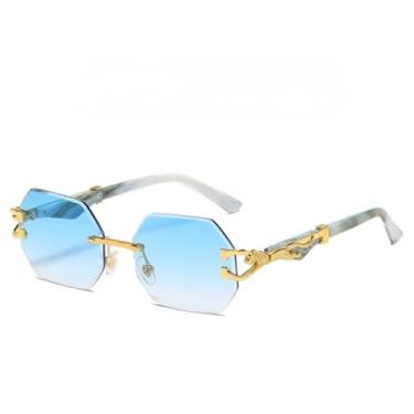 Imagem de VFDHN Óculos de sol sem aro feminino e masculino, armação pequena retangular, corte octogonal, retrô, UV400 (dourado, degradê, azul)