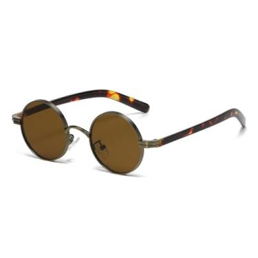 Imagem de HPIRME Óculos de sol redondos pequenos retrô de metal punk femininos, lentes transparentes, armação masculina, óculos de sol UV400 (tela de leopardo bronze)