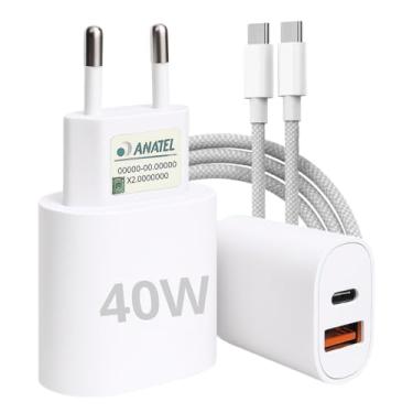 Imagem de Carregador Tipo C Turbo 40W 9.1A Com Cabo USB-C Compatível com Android e IOS. Duas entradas: USB e USB-C Carga Rápida Tecnologia PD Power Duo - Premium