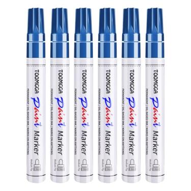 Imagem de TOOMGGA Canetas de tinta permanentes, marcadores de tinta azul, pacote com 6 marcadores à base de óleo, secagem rápida e à prova d'água, pneu de carro, metal, pintura rupestre, madeira, plástico, tela