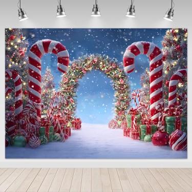 Imagem de Mocsicka Pano de fundo para fotografia de bengala de doces de Natal, decoração de festa de Natal, decoração de festa de Natal, guirlanda de árvore de Natal, suprimentos para fotos (2,1 x 1,5 m)
