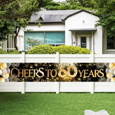 Imagem de Faixa Cheers to 60 Years - Banner de aniversário de 60 anos para homens, decorações de feliz aniversário de 60 anos com fita de 6 m, placa de festa extra grande 299.7 cm x 50.8 cm, preto e dourado, 4