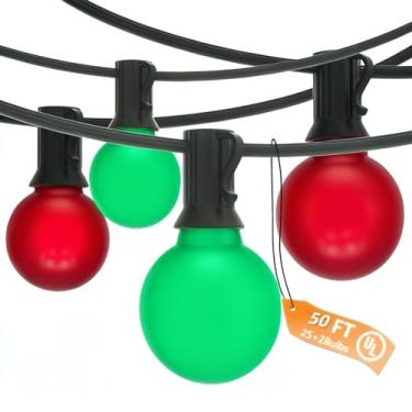 Imagem de Luzes de Natal vermelhas e verdes foscas para ambientes externos de 1,5 m, luzes de Natal com globo G40 com 25 lâmpadas vermelhas e verdes (2 sobressalentes), Natal vintage pendurado para árvores