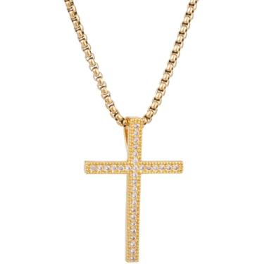 Imagem de SmallCat Colar de cruz de strass, pingente de cruz de cristal banhado a ouro 14K para mulheres e homens, moldura linear com glitter, corrente de cruz religiosa inspiradora para uso diário, dia de