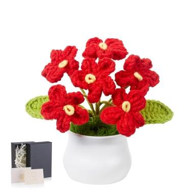 Imagem de LAIDANLA Flores de crochê, Forget Me Not, mini vaso de flores vermelhas de crochê para mesa, presente de aniversário de Natal feito à mão, dia dos namorados, presente de aniversário para mulheres