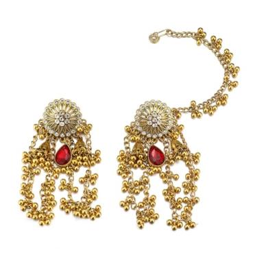 Imagem de Vintage Jhumka frisado bola borla falso septo nariz anel indiano Jhumki Bell delicado zircônia cúbica flor Bollywood étnico tradicional pingente gota declaração brincos boho orelha piercing joias para